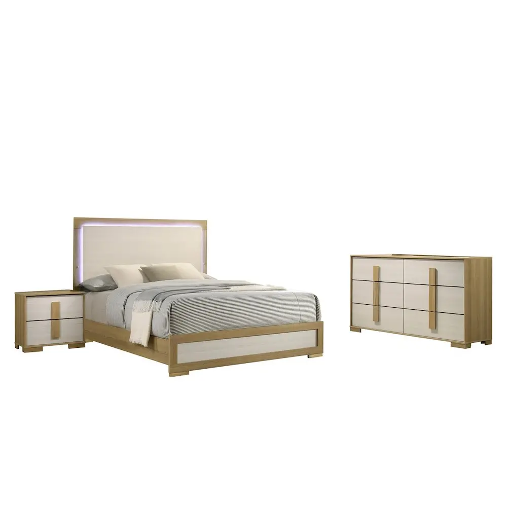 3 piece - Beige wood bedroom set (Bed+NS+Dresser)