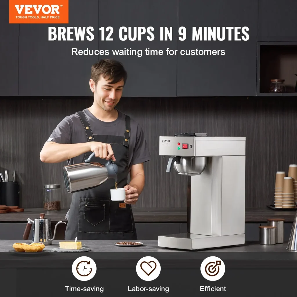 VEVOR 12 Cups Commercial Drip Coffee Maker, Coffee Maker Machine with Thermal Carafe to Keep Warm or Cold, Stainless Steel Pour Over Coffee Brewer for Restaurant, Office, Cafe