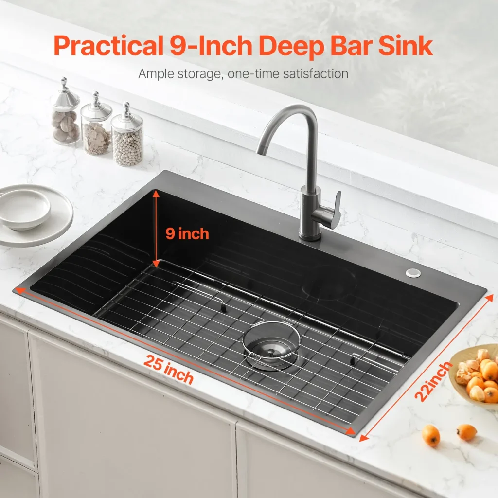 VEVOR 25 inch Kitchen Sink Workstation, 304 Stainless Steel Top Mount Sinks, Drop-In Single Bowl Farmhouse Basin with Accessories, Household Dishwasher Sinks for RV, Prep Kitchen, and Bar (Black)