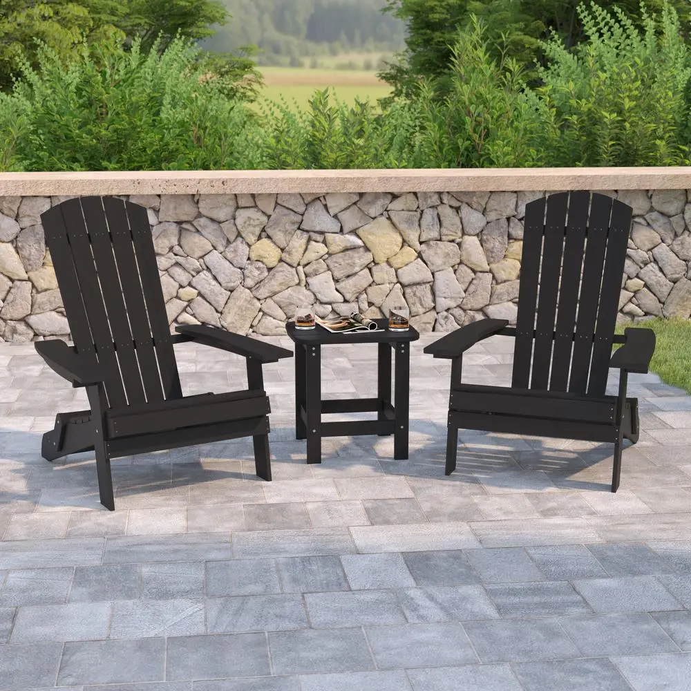 2 Pack All-Weather Poly Resin Folding Adirondack Chairs with Side Table in Black