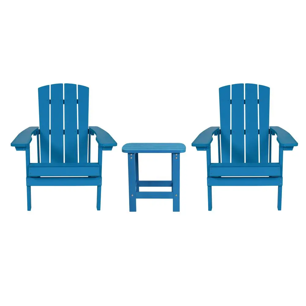 2 Pack All-Weather Poly Resin Wood Adirondack Chairs with Side Table in Blue