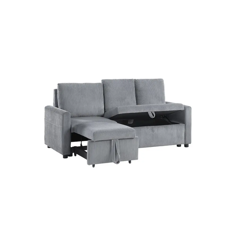 70"W Gray Corduroy Sofa with Pull-Out Chaise, Underseat Storage, Side Pocket