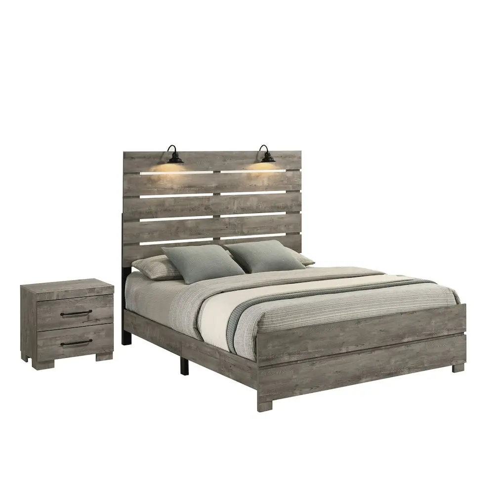 2Pc Modern Full Size Panel Bed With Nightstand In Antique Gray Color