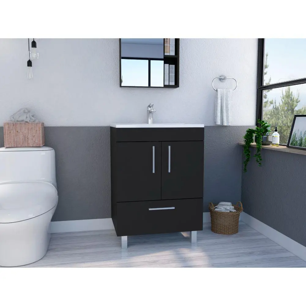 DEPOT E-SHOP Essential Single Bathroom Vanity, One Draw, Two-Door Cabinet, Four Legs-Black, For Bathroom