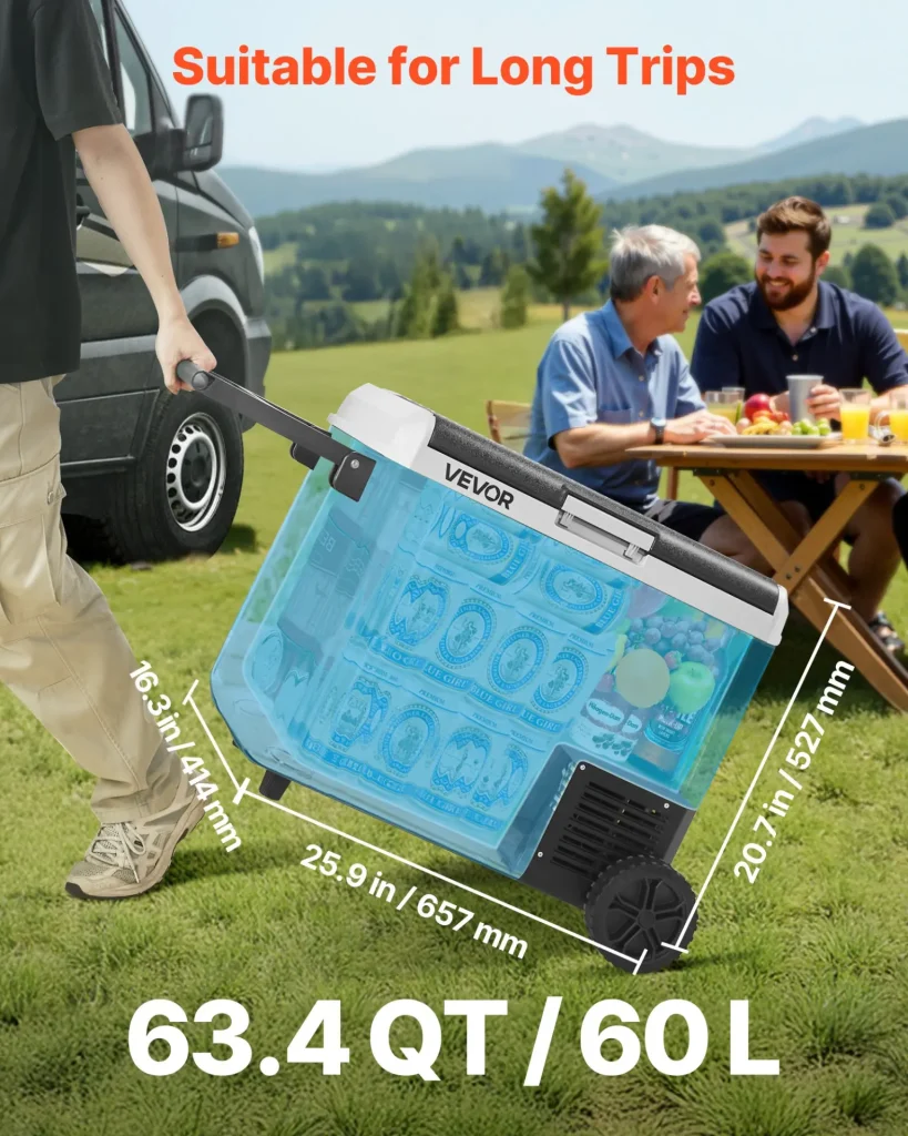 VEVOR 12 Volt Car Refrigerator, 63.4QT/60L Car Fridge, Portable Electric Cooler with Wheels and Handle, -4~68, 12/24V DC and 100- 240V AC Compressor Freezer for Outdoor, Camping, Travel, RV