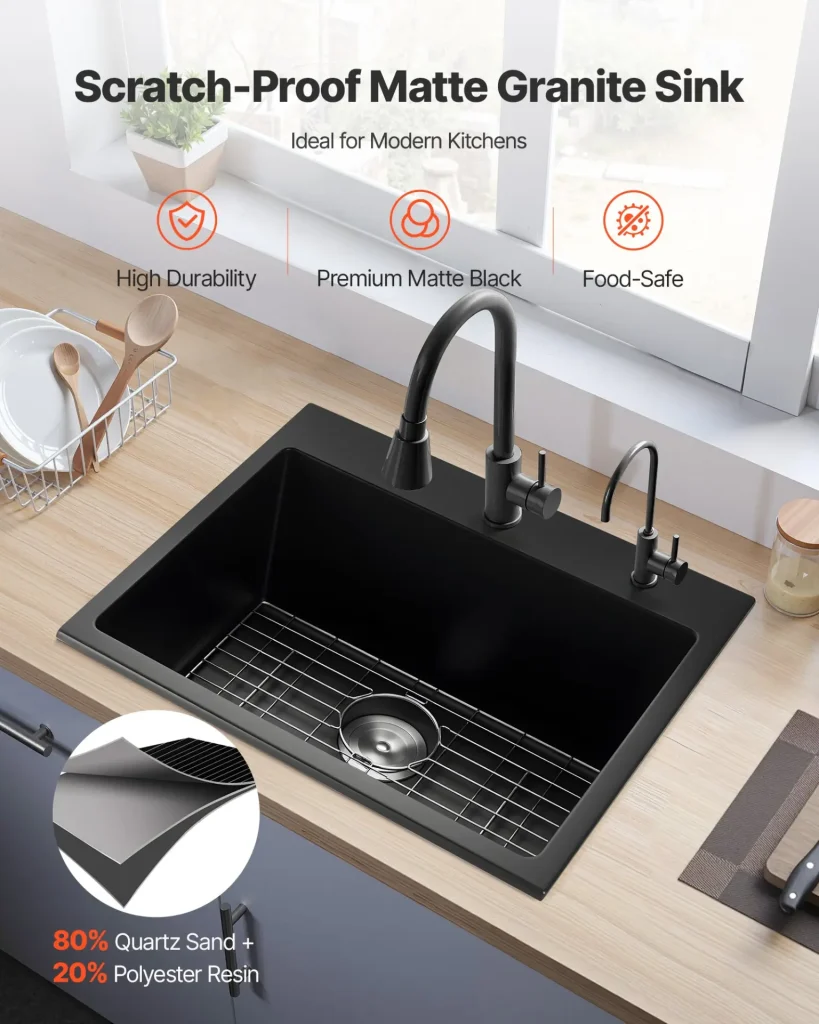 VEVOR 25 inch Kitchen Sink Workstation, Top Mount Granite Sinks, Drop-In Single Bowl Farmhouse Basin with Multiple Accessories, Household Dishwasher Sinks for RV, Prep Kitchen, and Bar (Black)