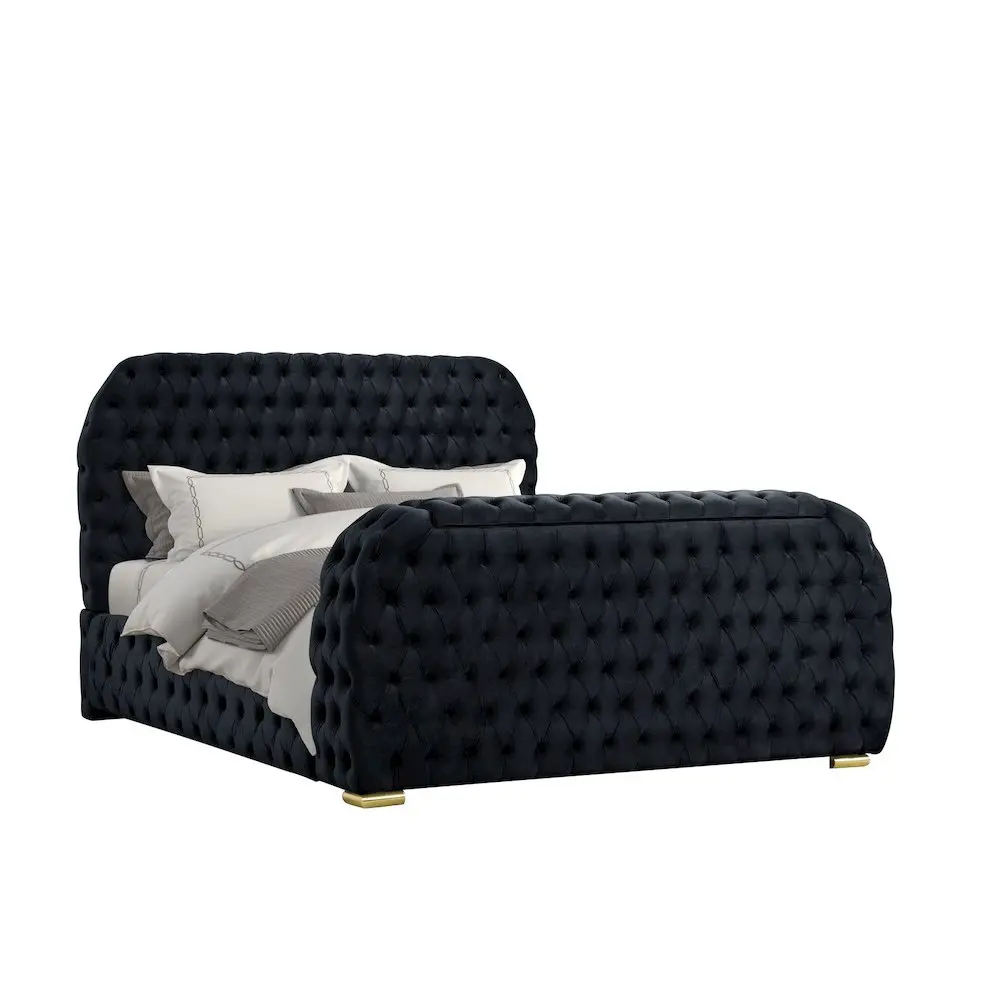 Brielle Upholstered Velvet Bed Frame with TV Stand & Fireplace, Queen, Black