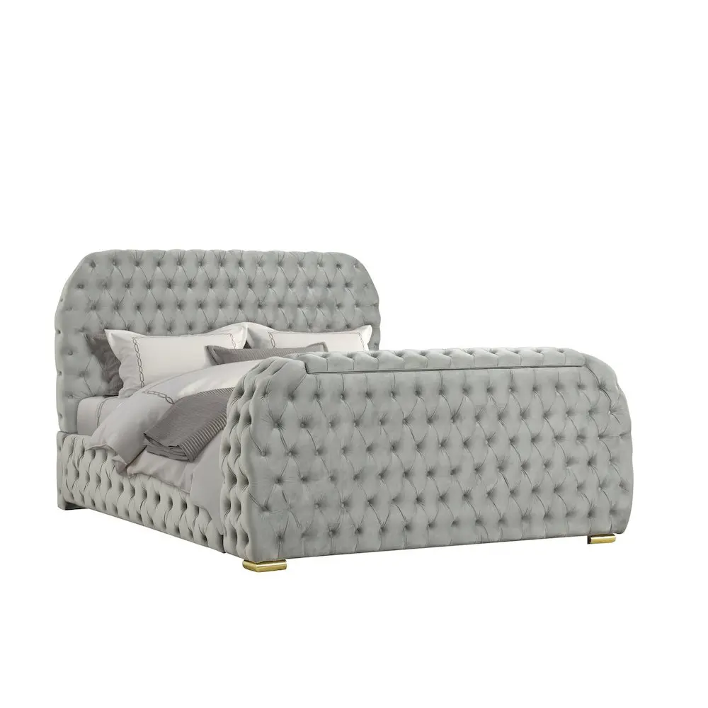 Brielle Upholstered Velvet Bed Frame with TV Stand & Fireplace, Queen, Grey